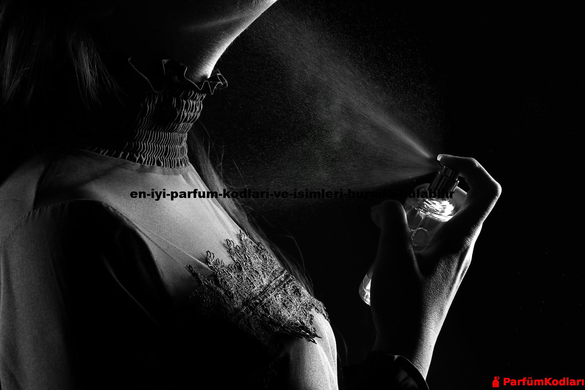 A stylish woman sprays perfume, captured in a dramatic black and white studio shot.