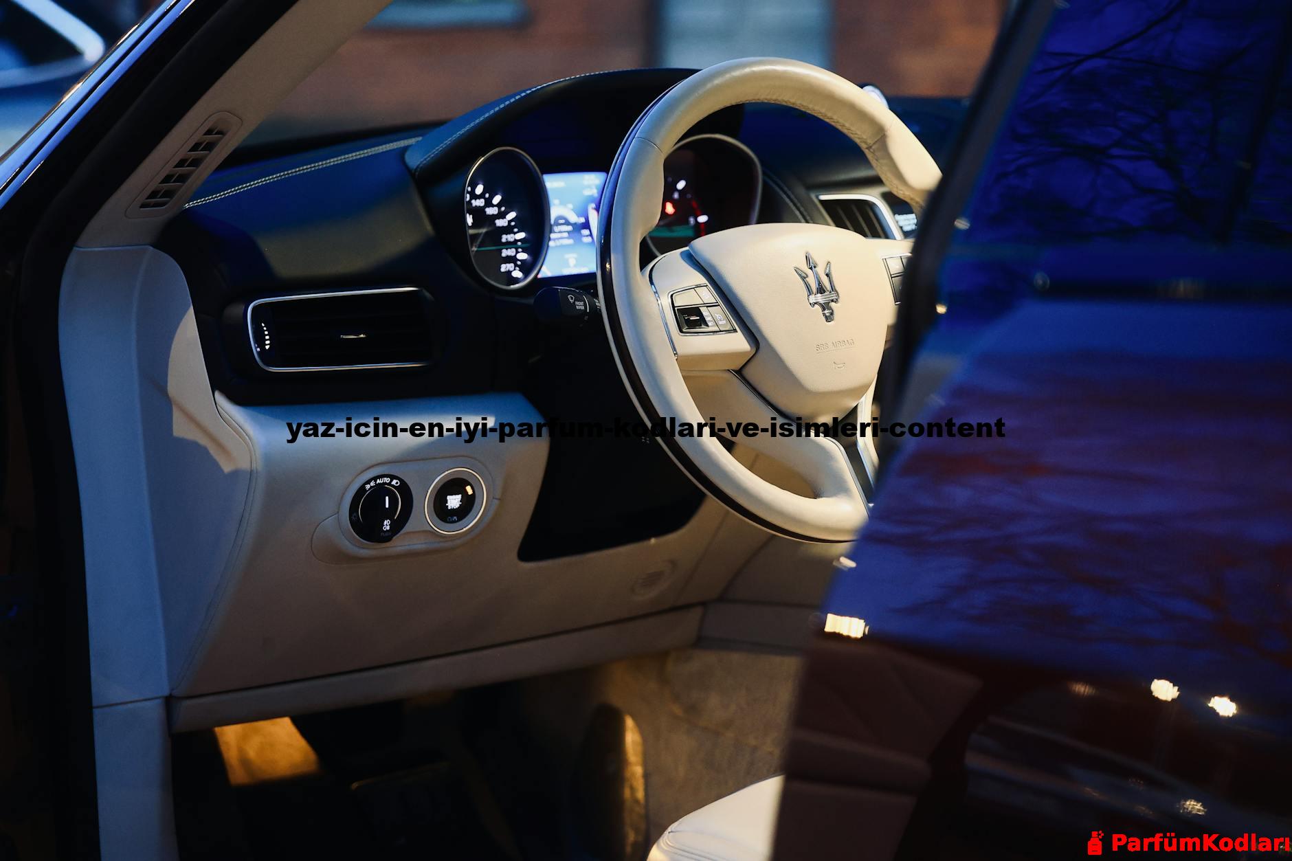 Elegant interior of a luxury car with illuminated steering wheel at dusk, showcasing modern design.