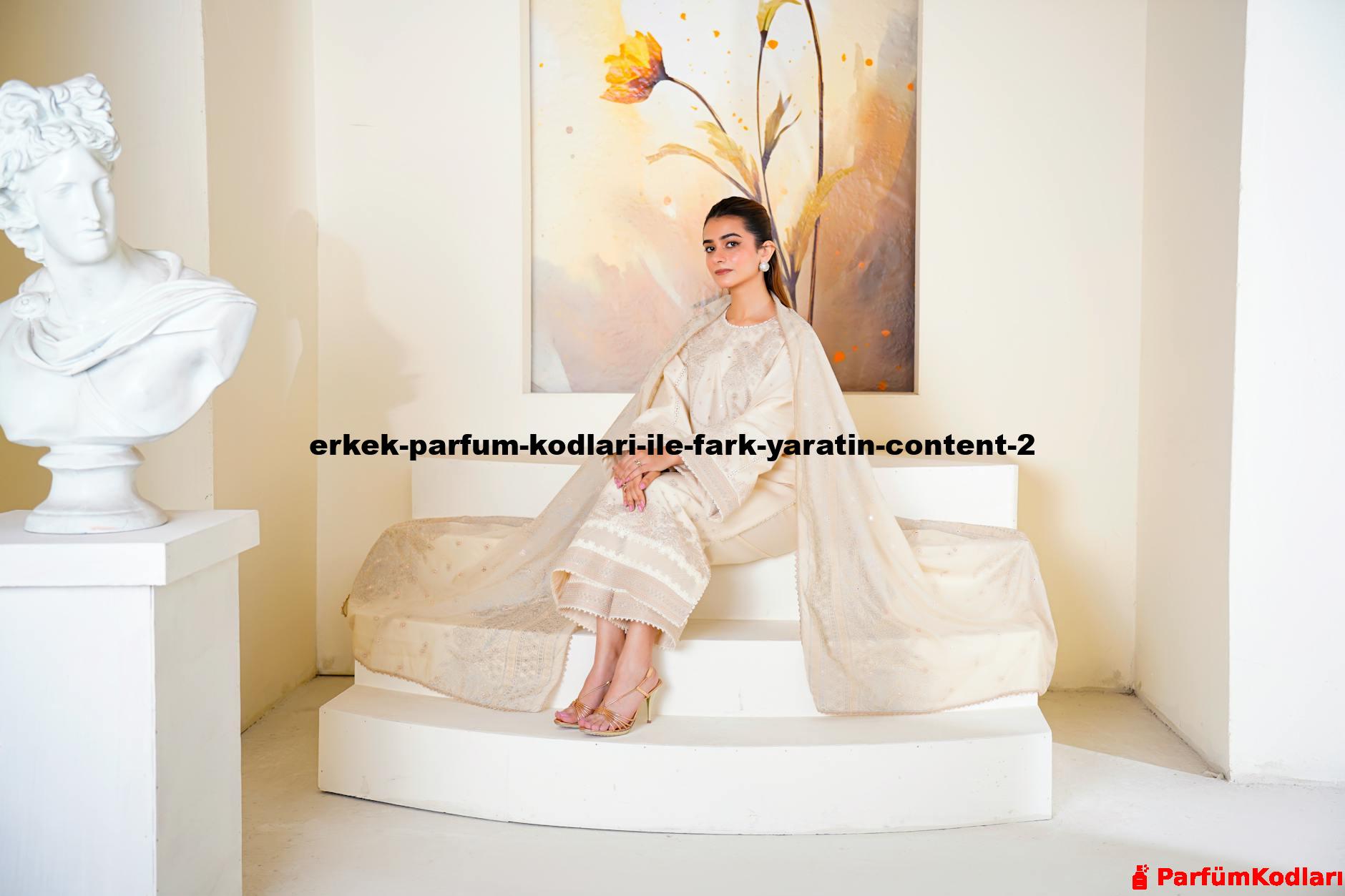 Woman in elegant traditional eastern dress seated indoors with a classic sculpture and painting.